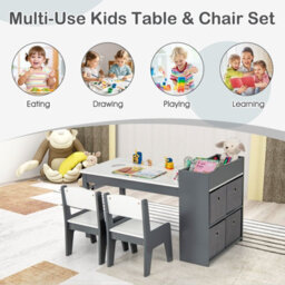 Costway Kids Art Table & Chairs Set Wooden Kids Craft Study Desk W/ Storage-Grey - thumbnail 4