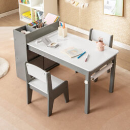 Costway Kids Art Table & Chairs Set Wooden Kids Craft Study Desk W/ Storage-Grey