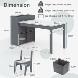 Costway Kids Art Table & Chairs Set Wooden Kids Craft Study Desk W/ Storage-Grey - thumbnail 2