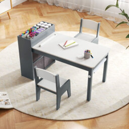 Costway Kids Art Table & Chairs Set Wooden Kids Craft Study Desk W/ Storage-Grey - thumbnail 5