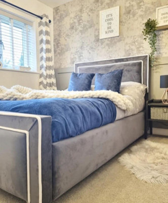Stratus Interiors Henley Contrast Piping Velvet Upholstered Bed - Steel Plush - Single - Slatted Base - image 1