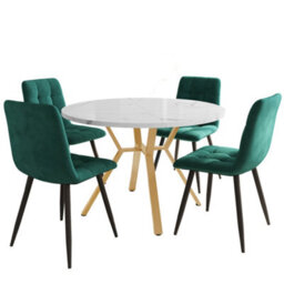 Btm 5 Piece Dining Set, Round Marble Table With Gold Metal Legs  4 Ergonomic Velvet Green Chairs, Modern - thumbnail 2