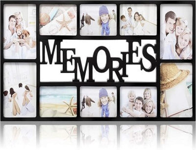 Biznest 10 Multi-Aperture Photo Frame 'memories' Text Rectangle Wall Mounted Collage Picture Display 6X4'' & 7X5'' Black 71X36X3Cm