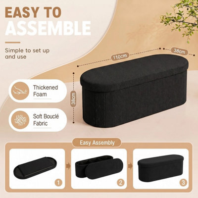 Black 110Cm Boucle Storage Ottoman Foldable Footstool Bench For Living Room Bedroom - image 1