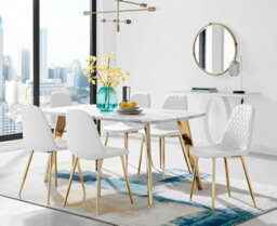 Furniturebox Andria White Marble Effect & Gold Leg Dining Table & 6 White Corona Gold Leg Faux Leather Chairs