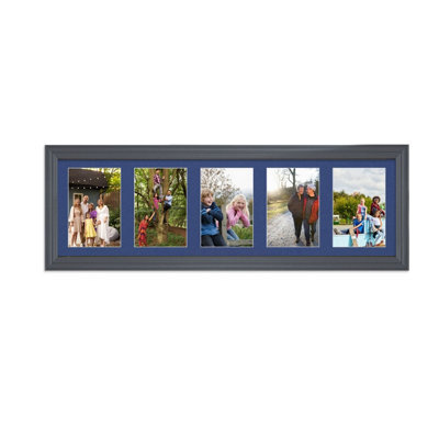 AK Frames 26X8 Dark Grey Classic Multi Photo Frame With Blue Mount - Holds 5 Apertures (5X) 6X4 Photos - image 1