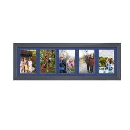 AK Frames 26X8 Dark Grey Classic Multi Photo Frame With Blue Mount - Holds 5 Apertures (5X) 6X4 Photos - thumbnail 1