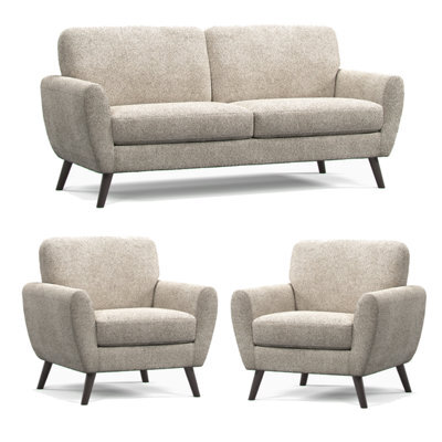 Furnishings For Less UK Matlock Boucle Linen Fabric Curved Arm 3 Piece Sofa Suite 3 Seater And 2 Armchairs - image 1