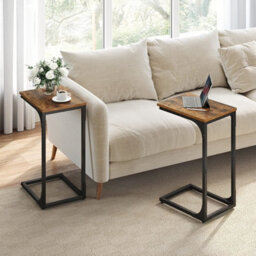 Living Room Pair, Dual C-Shaped Tables With Metal Structure, Rustic Brown And Black
