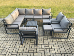 Fimous 11 Seater Aluminium Garden Furniture Set Outdoor Lounge Corner Sofa 3 Chair Square Coffee Table Sets With 2 Footstools - thumbnail 2