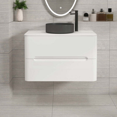 Royal Bathrooms Venice 800mm Gloss White Wall Mounted Bathroom Countertop Vanity Unit 2 Drawer With Art Round Basin - image 1