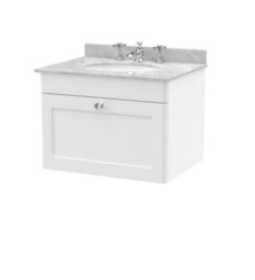 Balterley Swynnerton Traditional 1 Drawer Wall Hung Vanity Unit With Marble Basin, Satin White, 600mm - thumbnail 1