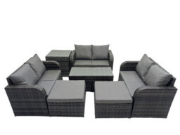 Fimous 3 Seater Sofa Reclining Chair Coffee Table Set Rattan Garden Furniture Set With Side Table 2 Big Footstools Dark Grey Mixed - thumbnail 1