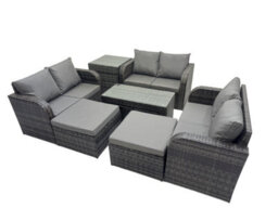 Fimous 3 Seater Sofa Reclining Chair Coffee Table Set Rattan Garden Furniture Set With Side Table 2 Big Footstools Dark Grey Mixed - thumbnail 2