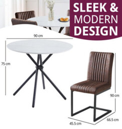 Hallowood Furniture Cullompton Small Round Marble Effect Dining Table 90Cm With 4 Brown Leather Effect Chairs - thumbnail 3