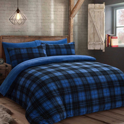 Velosso Teddy Fleece Duvet Cover & Pillowcase Set Cosy Winter Bedding, Button Enclosure, Machine Washable Bedroom Decor - Blue