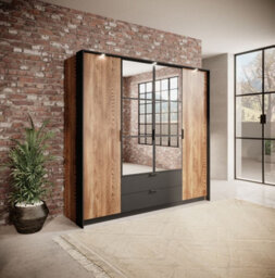 Arte Milton Contemporary 4 Mirrored Hinged Door Wardrobe 9 Shelves 2 Drawers 1 Rail Chestnut Wood Effect (H)2020mm (W)2000mm (D)570mm - thumbnail 6