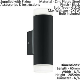 Stylish Ip44 Outdoor Wall Light - Black Up & Down Design With 2 X 5W Gu10 Bulbs - thumbnail 2