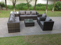 Fimous 8 Seater Grey Rattan Sofa Set Coffee Table Arm Chair Outdoor Garden Furniture - thumbnail 3