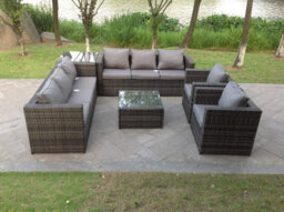 Fimous 8 Seater Grey Rattan Sofa Set Coffee Table Arm Chair Outdoor Garden Furniture - thumbnail 2