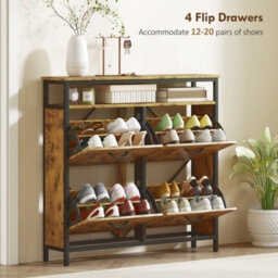 Wyld Haus Vebael Rustic Brown Shoe Cabinet With 4 Flip Drawers, Adjustable Shelves And Top Shelf - Slim 23.8Cm Depth - thumbnail 3