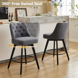 Set Of 2 Linen Fabric Swivel Bar Stools With Button Tufted Back - Grey - thumbnail 3