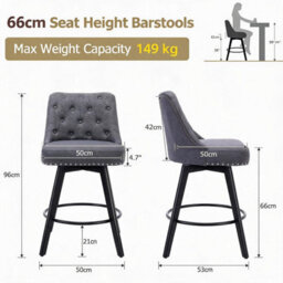 Set Of 2 Linen Fabric Swivel Bar Stools With Button Tufted Back - Grey - thumbnail 2