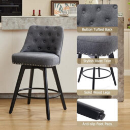 Set Of 2 Linen Fabric Swivel Bar Stools With Button Tufted Back - Grey - thumbnail 4