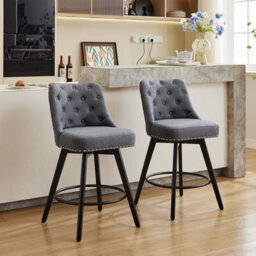 Set Of 2 Linen Fabric Swivel Bar Stools With Button Tufted Back - Grey - thumbnail 1