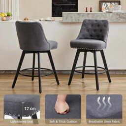 Set Of 2 Linen Fabric Swivel Bar Stools With Button Tufted Back - Grey - thumbnail 5
