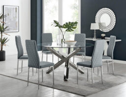 Furniturebox Uk Vogue Large Round Chrome Metal Clear Glass Dining Table And 6 Grey Milan Dining Chairs Set - thumbnail 1