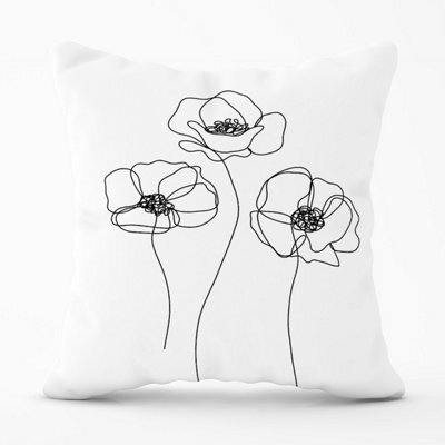 Warren Reed Designer Monochrome Line Drawn Poppies Outdoor Cushion 45Cm X 45Cm - image 1