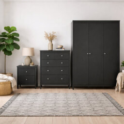 Wyld Haus Gossmere Matt Black Bedroom Set - Bedside Table, Chest Of Drawers And 3-Door Wardrobe - thumbnail 1