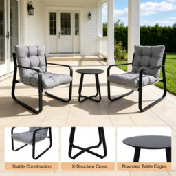 Alivio 3Pc Patio Bistro Set, 2 Cushioned Iron Leisure Chairs & Round Coffee Table Furniture (Grey) - thumbnail 3