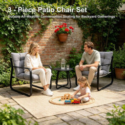 Alivio 3Pc Patio Bistro Set, 2 Cushioned Iron Leisure Chairs & Round Coffee Table Furniture (Grey) - thumbnail 2