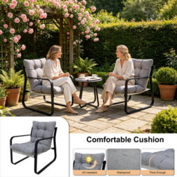 Alivio 3Pc Patio Bistro Set, 2 Cushioned Iron Leisure Chairs & Round Coffee Table Furniture (Grey) - thumbnail 4