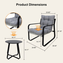 Alivio 3Pc Patio Bistro Set, 2 Cushioned Iron Leisure Chairs & Round Coffee Table Furniture (Grey) - thumbnail 5