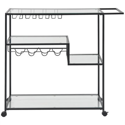 Wyld And Coco Kitchen Trolley Black Iron With Tempered Glass Top 86 X 40 Cm, Lockable Castors, Bottle & Glass Rack - image 1