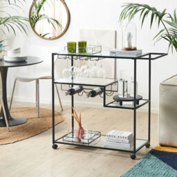 Wyld And Coco Kitchen Trolley Black Iron With Tempered Glass Top 86 X 40 Cm, Lockable Castors, Bottle & Glass Rack - thumbnail 2