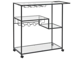 Wyld And Coco Kitchen Trolley Black Iron With Tempered Glass Top 86 X 40 Cm, Lockable Castors, Bottle & Glass Rack - thumbnail 3