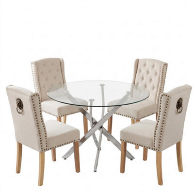 Oira Homes Modern Round Glass Dining Table Set With 4 Cream Velvet Chairs 4 Seater Dining Table Set - image 1