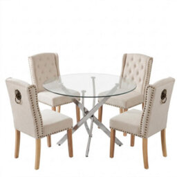 Oira Homes Modern Round Glass Dining Table Set With 4 Cream Velvet Chairs 4 Seater Dining Table Set - thumbnail 1
