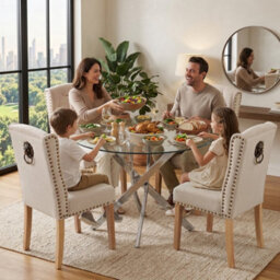 Oira Homes Modern Round Glass Dining Table Set With 4 Cream Velvet Chairs 4 Seater Dining Table Set - thumbnail 4
