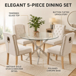 Oira Homes Modern Round Glass Dining Table Set With 4 Cream Velvet Chairs 4 Seater Dining Table Set - thumbnail 3