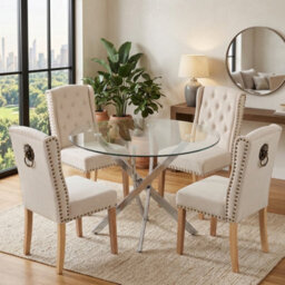 Oira Homes Modern Round Glass Dining Table Set With 4 Cream Velvet Chairs 4 Seater Dining Table Set - thumbnail 2