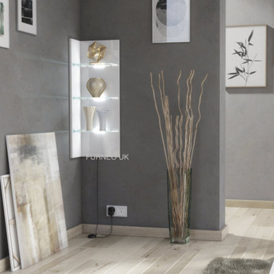 Furneo White Floating Display Cabinet Wall Unit Shelf High Gloss & Matt Clifton 09 White Led Lights - image 1
