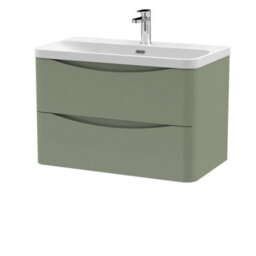 Balterley Dunwood Modern Bathroom Wall Hung 2 Drawer Vanity Unit & Ceramic Basin, Satin Green, 800mm - thumbnail 1