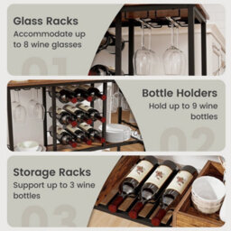 3 Tier Bar Cart With Glass Racks And Wine Holders On Wheels - thumbnail 5