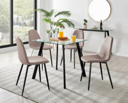 Furniturebox Seattle Scandi Inspired Glass And Black Metal Leg Square Dining Table & 4 Beige Corona Faux Leather Black Leg Chairs