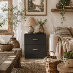 Wyld Haus Rapa Raka Black Modern Bedside Table With 2-Drawer Storage, 45W X 39.5D X 49H Cm - thumbnail 1